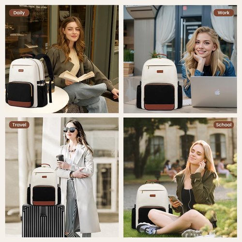 LOVEVOOK Laptop Backpack for Women with Pouch Pocket for Large Capacity Cup,15.6 Inch Laptop Computer Bag Travel Backpack Purse,Waterproof Work Business Backpack College Teacher Bag,Beige-Brown-Bbrown