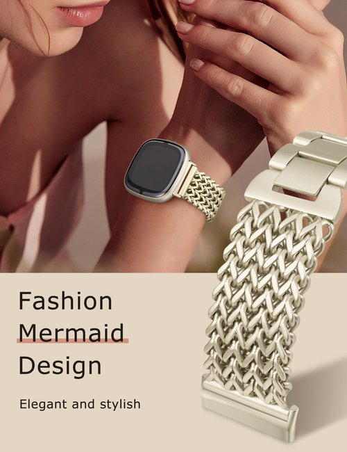 Minyee Metal Band Compatible with Fitbit Sense 2/Versa 4/Versa 3/Sense Band for Women, Dressy Stainless Steel Multi-chain Designer Gold Link Bracelet Stylish Luxury Chic Wristband Replacement Strap