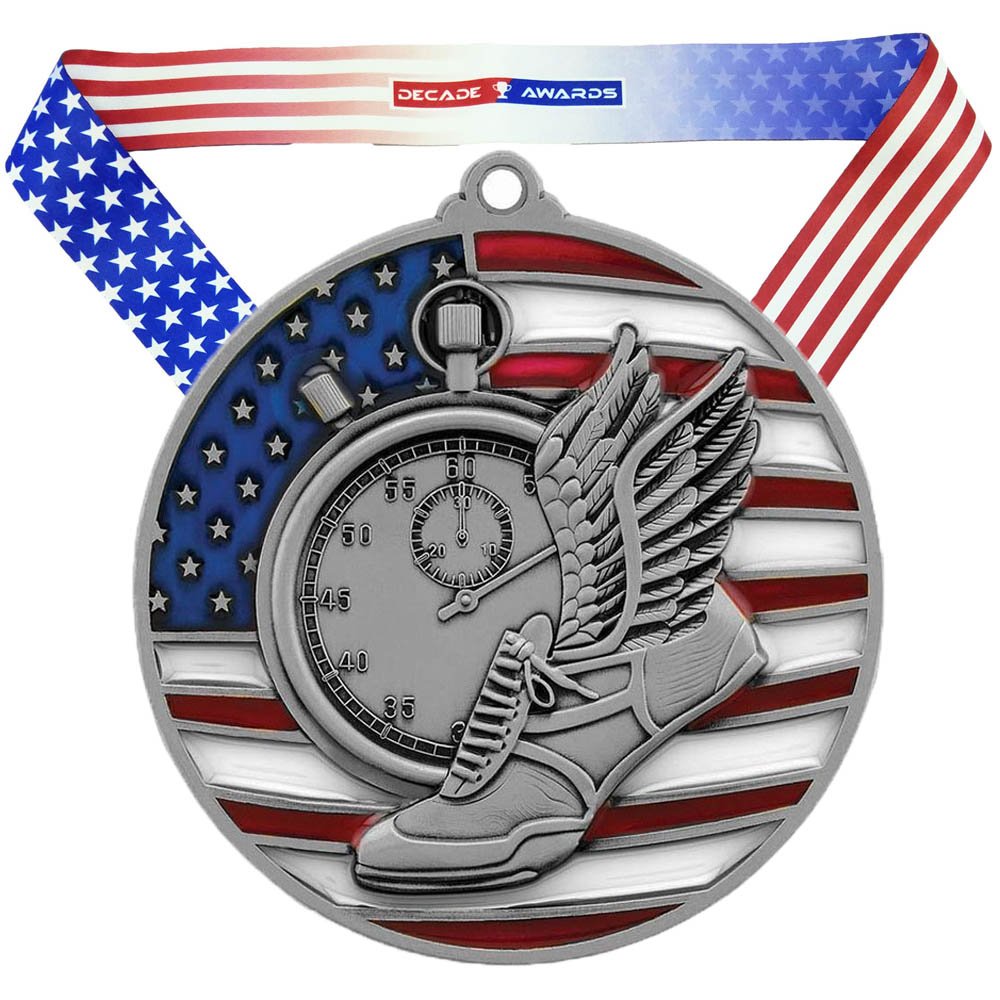 Decade Awards Track & Field Medal, Patriotic - Silver - 2.75 Inch Wide Second Medal with Stars and Stripes Neck Ribbon
