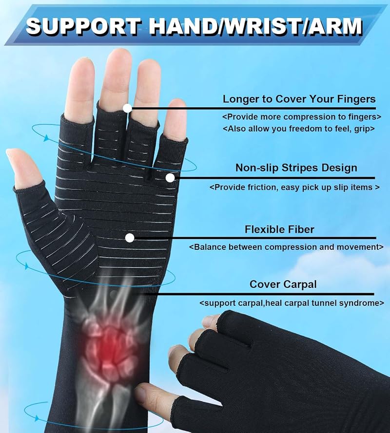 Copper Long Arthritis Gloves with Fingerless Design - Medium, Black