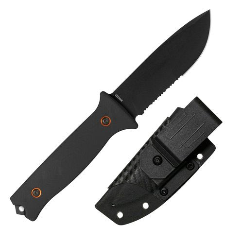 704 Gear Rogue Fixed Blade Knife | Serrated 4.5 inch 14C28N Steel Full Tang Blade, Textured G10 Handle, and Kydex Sheath with Carrying Clip | Black