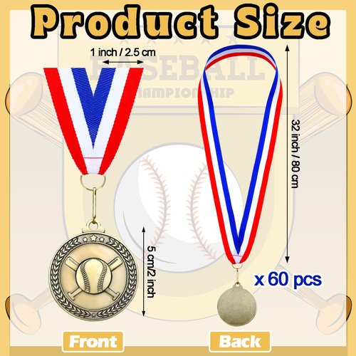 Remuuly 60 Pcs Gold Award Medals 2 Inch Soccer Baseball Volleyball Football Cheer Trophy Medals Metal Awards Bulk with Neck Ribbons Trophy Prize Gifts for Sports Competitions (Baseball)