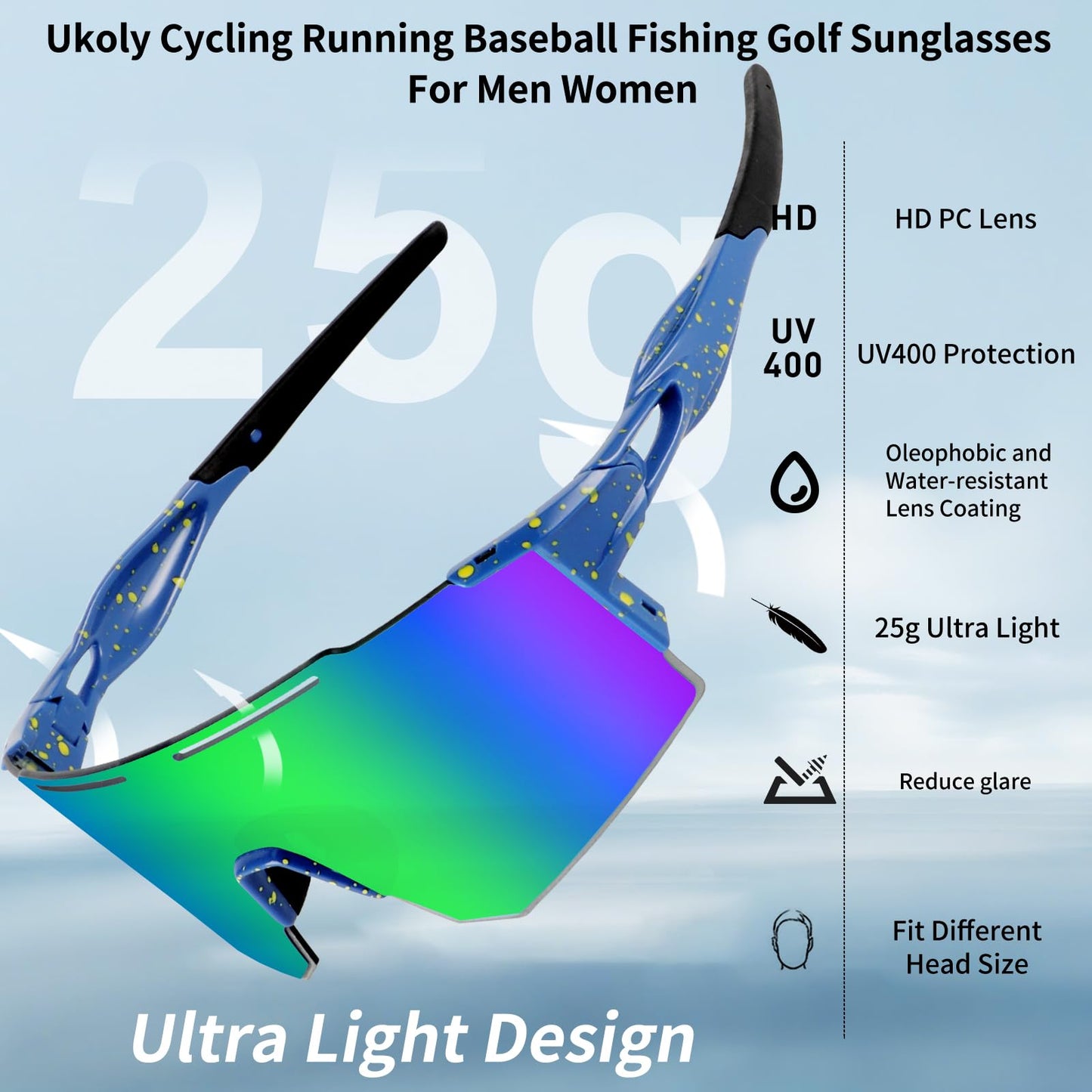 Ukoly Cycling Sunglasses with Interchangeable Nose Pad Men Women, Sports Sunglasses, Fishing Baseball Sun glasses