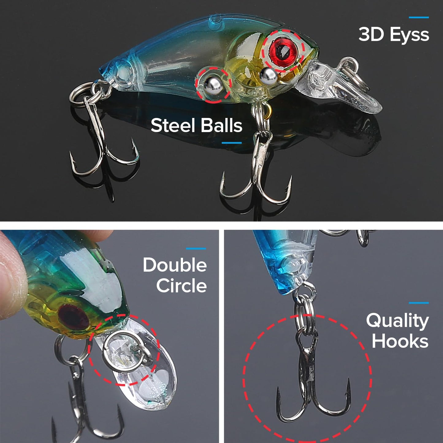 Realure 9 Pcs Minnow Bass Fishing Lures Set with Swivels, Wobbler Crankbaits with Treble Hooks, Sea Fishing Lures for Bass, Pike, Trout, Perch Lures, Hard (Mixed Colors)