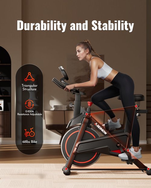 Abonow Exercise Bike, Low Noise Stationary Bikes for Home, Adjustable Brake Pad Indoor Cycling Bike, 300lbs Capacity Compact Workout Bike with Tablet Mount & Comfortable Padded Seat
