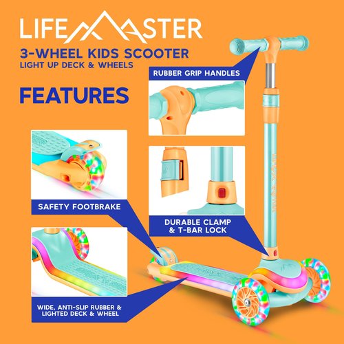 Lifemaster 3-Wheel Kids Scooter with Multi-Color Lights on Deck & Wheels – 5-Height Handlebar, Wide Anti-Slip Deck, Child Safety Certified, Boys & Girls Ages 3+ Supports Up to 150 lbs, Aqua Orange