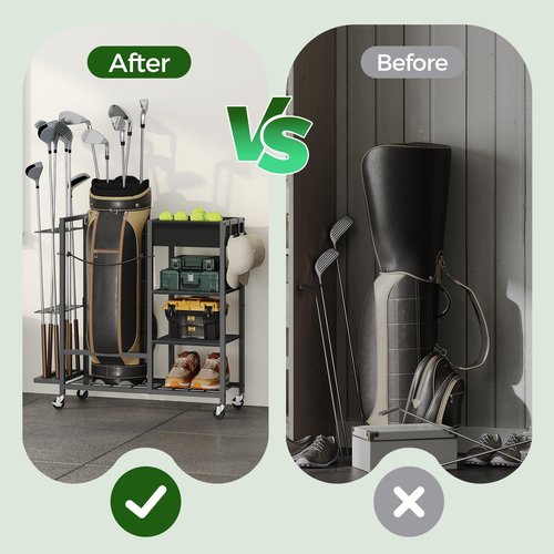 MAHANCRIS Golf Storage Organizer for Garage, Golf Bag Stand for Single Golf Bag and Equipment Accessories, Freestanding Golf Club Holder for Garage, Shed, Home, Basement, Black BEBK17401