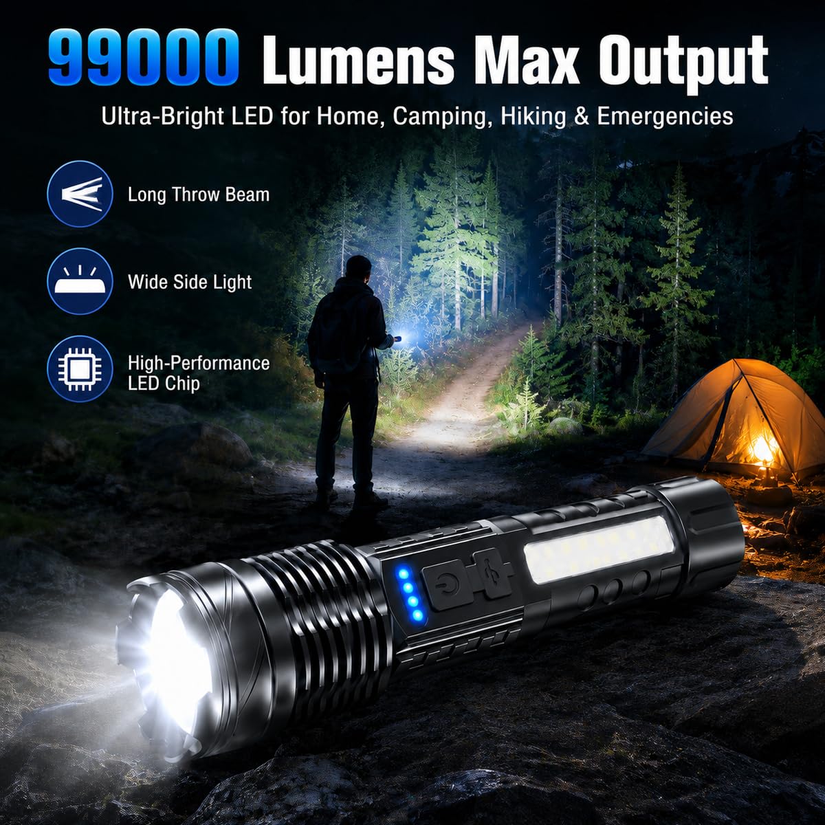 Rechargeable LED Flashlights, 99,000 Lumens Super Bright Handheld FlashLight, 7 Modes with COB Work Light, IPX6 Waterproof, Adjustable Tactical Flash light for Home,Camping and Emergencies-2 Pack