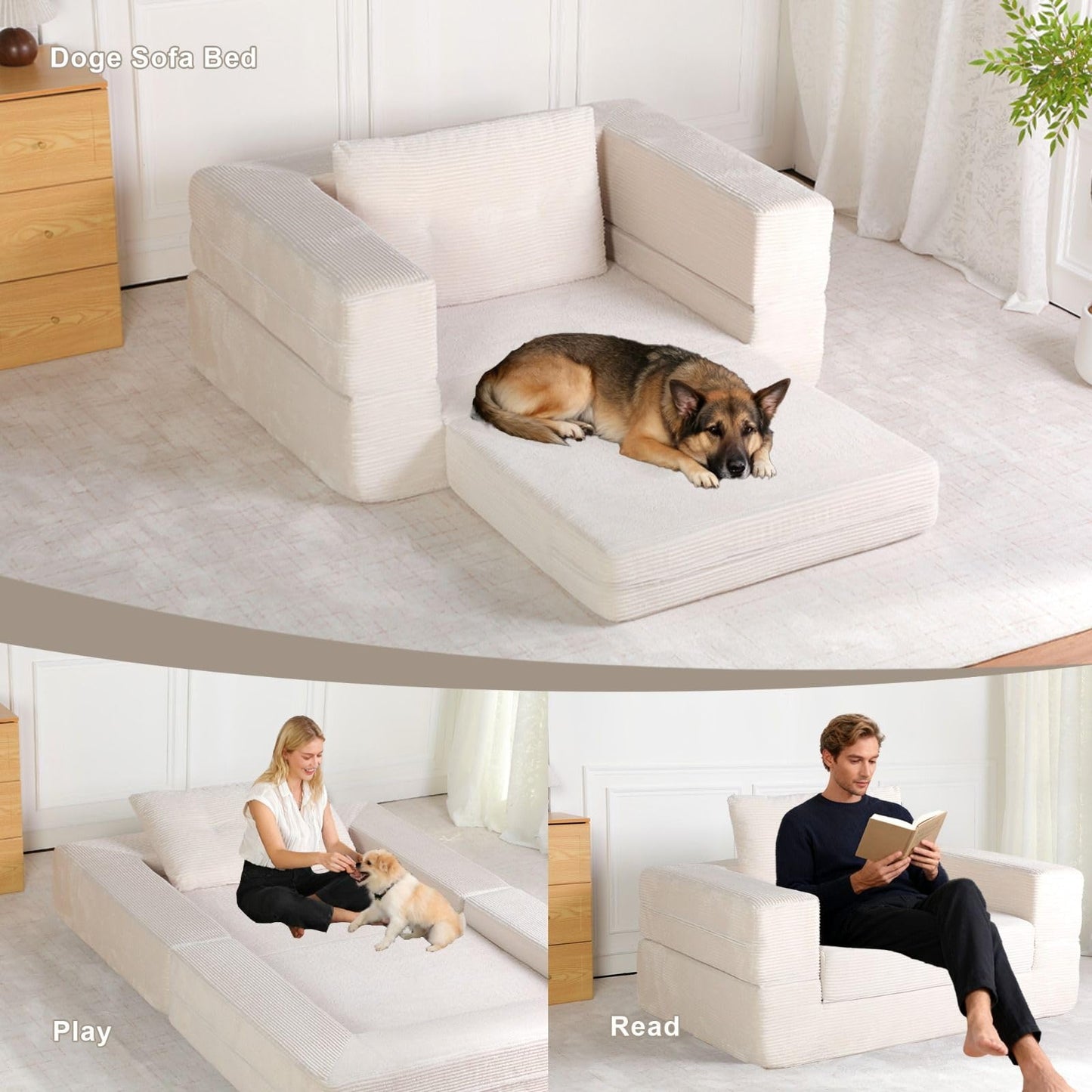 FRITHJILL Convertible Corduroy Sofa Bed for Adults & Pets, 3-in-1 Foldable Floor Couch, No Assembly Memory Foam Lounger for Living Room Bedroom, Pet Friendly Nest Sofa
