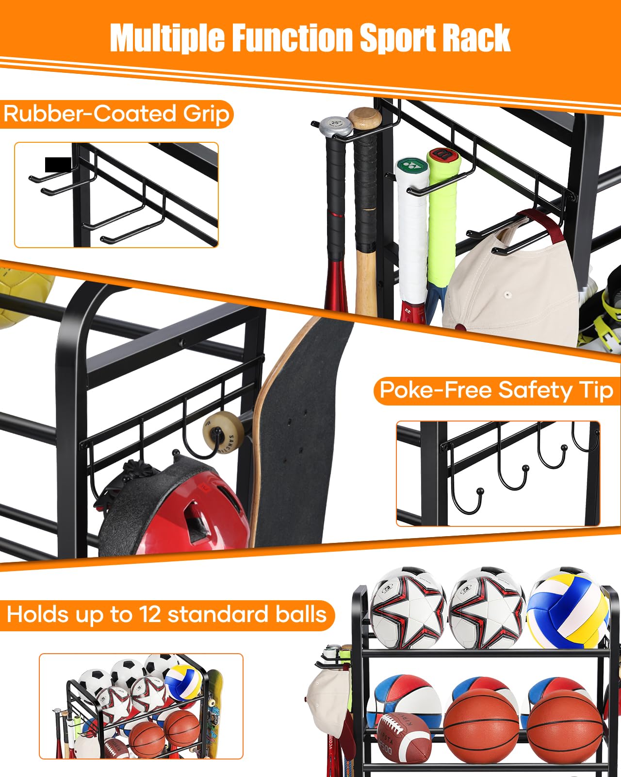EXTCCT Ball Storage Sports Equipment Organizer - Garage Storage Cart Rolling Ball Storage Rack with Hooks Wheels Outdoor Indoor Gym Gear Toy Holder Bin for Basketball, Baseball, Soccer