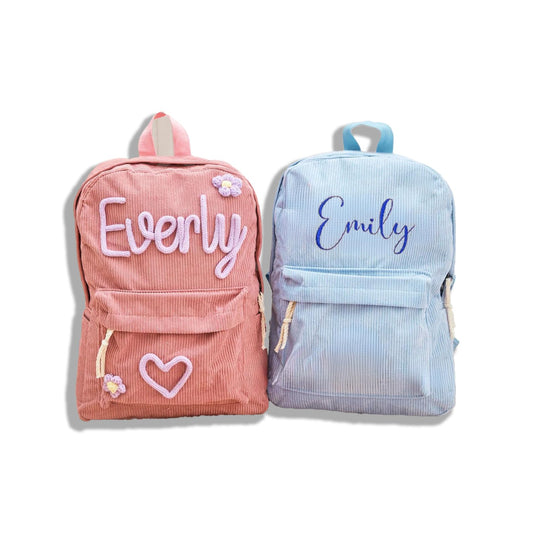 JINMA Personalized Embroidered Name Backpack – Custom Lettering Corduroy Bag with Floral Detail, Lightweight and Stylish
