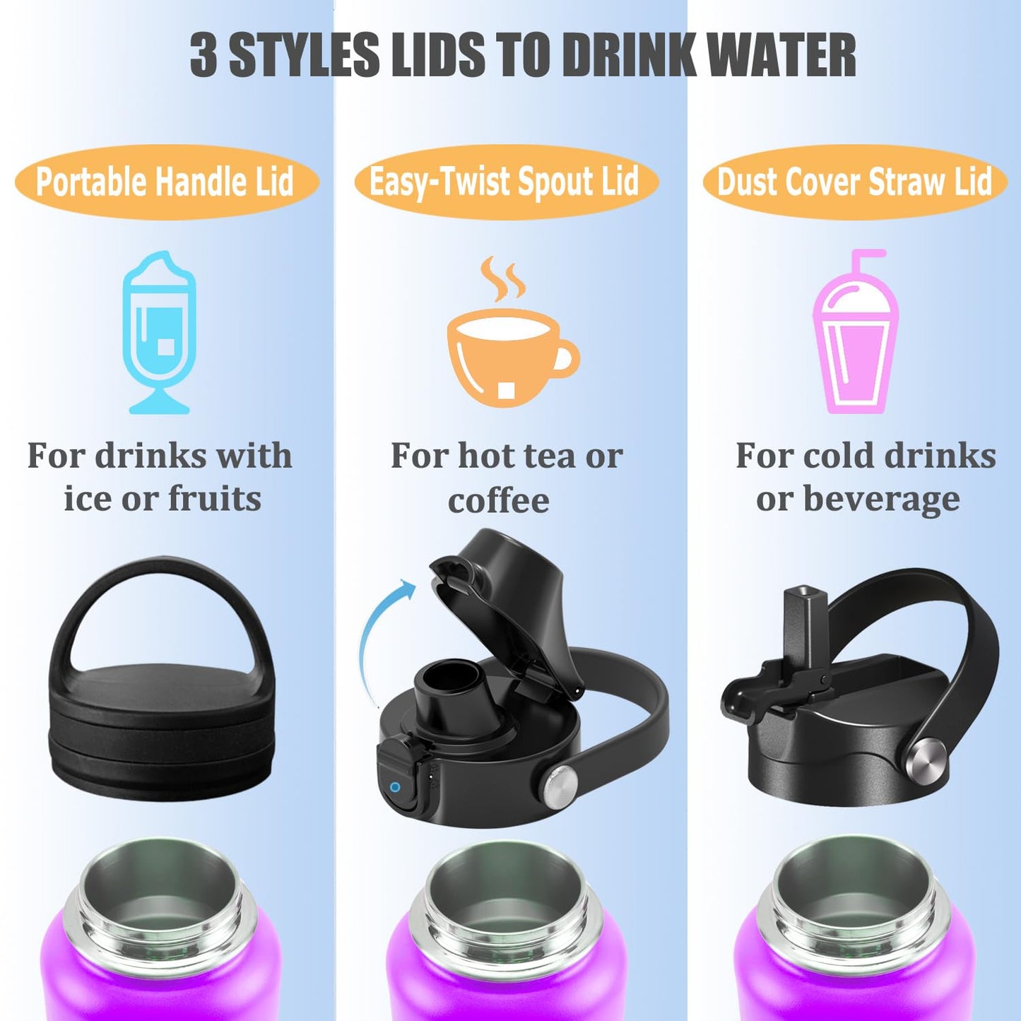Water Bottle Insulated 32oz 40oz 64oz 128oz Straw Lid Spout Lid & 3 Lids, Leak Proof, Vacuum Insulated,Stainless Steel Water Bottle Wide Mouth for Sports, Gym or Office (Purple Black, 128 oz)
