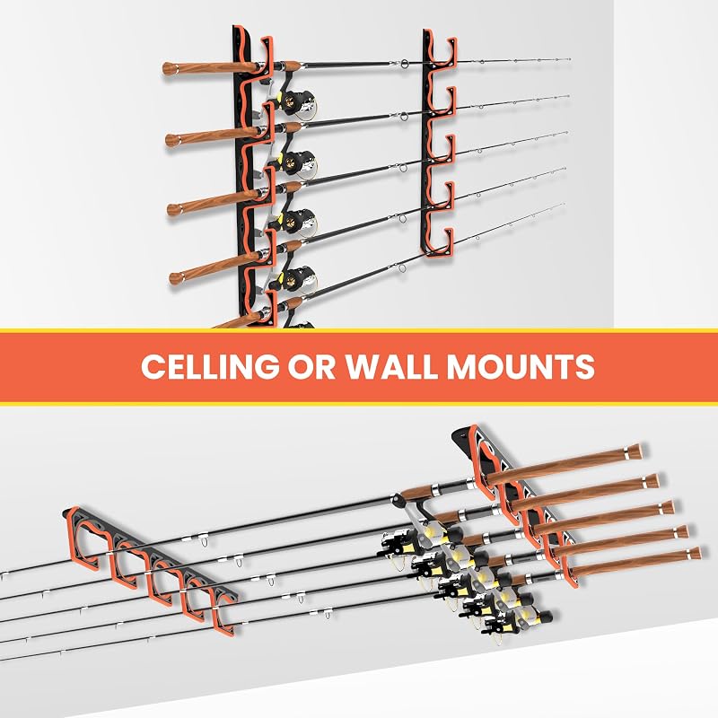 Gocozer 8‑Pack Fishing Rod Holder, Wall/C ceiling Mount with TPU Soft Pad – Holds 5 Rods, ABS Storage Organizer (Black 8Pack)