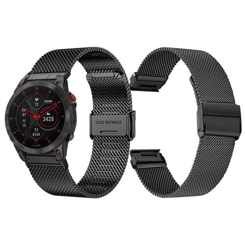 OCNFZ 22mm 26mm QuickFit Milanese Metal Strap For Garmin EPIX GEN2 Fenix7 7X Solar/6X 6XPro 5XPlus Forerunner 955 Enduro 2 Watchband(Black,QuickFit 22mm)