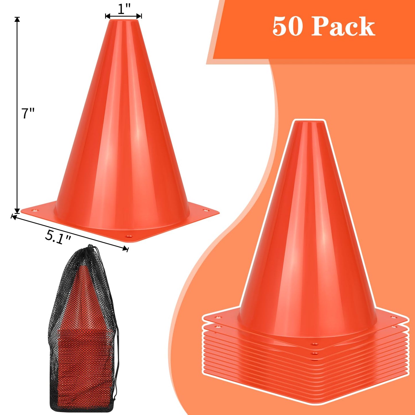 PXZBLG 50pcs Soccer Cones, 7 Inch Soccer Cones, Plastic Traffic Cones, Training Cones for Basketball Football Skating Drills Practice