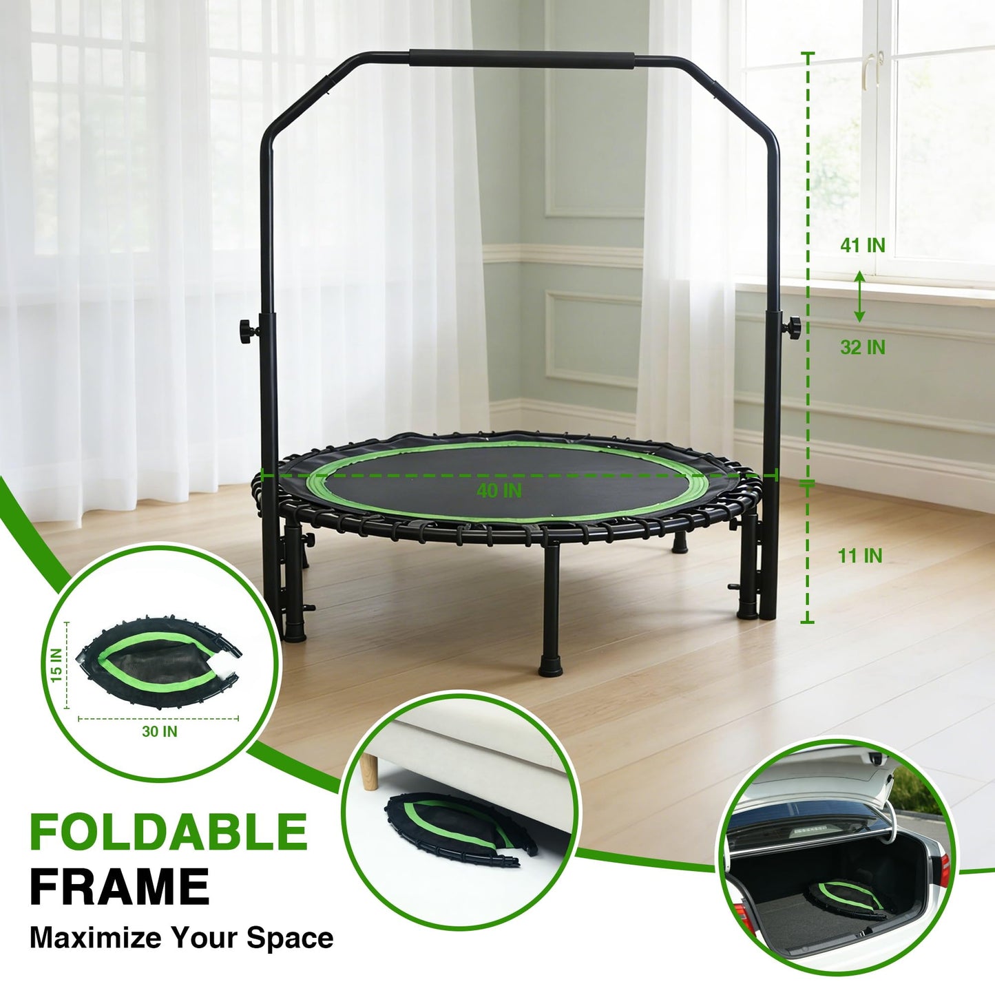 ACWARM HOME 40" Mini Rebounder Trampoline for Adults with Handle, Green