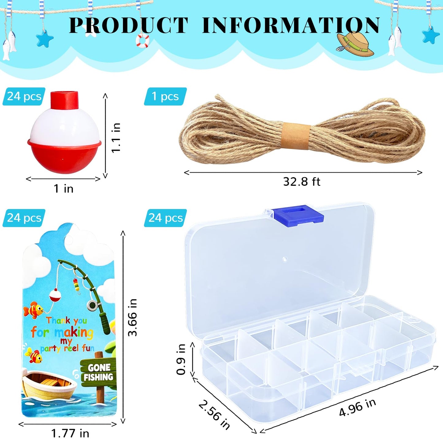 24 Sets Fishing Party Favor, Mini Tackle Boxes for Party Favor for Fishing Birthday Party Decorations with 24 Mini Candy Tackle Box, Fishing Bobber and Thank You Cards Fishing Themed Party