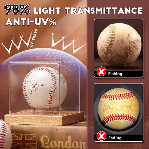 JupDec Baseball Display Case, Clear Cube Baseball Holder with Wooden Base, Autograph Baseball Stand Box for Single Ball, Pine Wood, 1 Pack