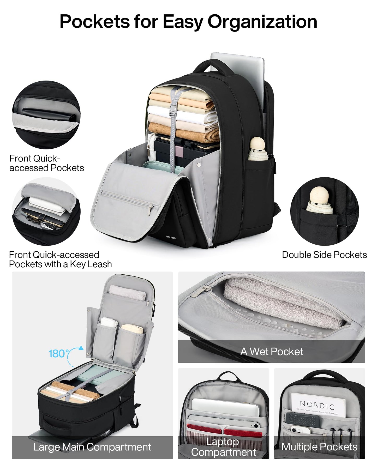 MILADA Travel Backpack for Women&Men,Expandable 28L to 39L,Fits 17" Laptop