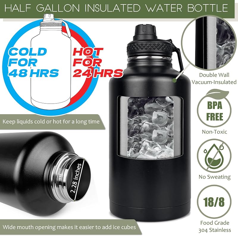 DEFUNX 64 oz Half Gallon Insulated Water Bottle with Sleeve & Strap - All Black