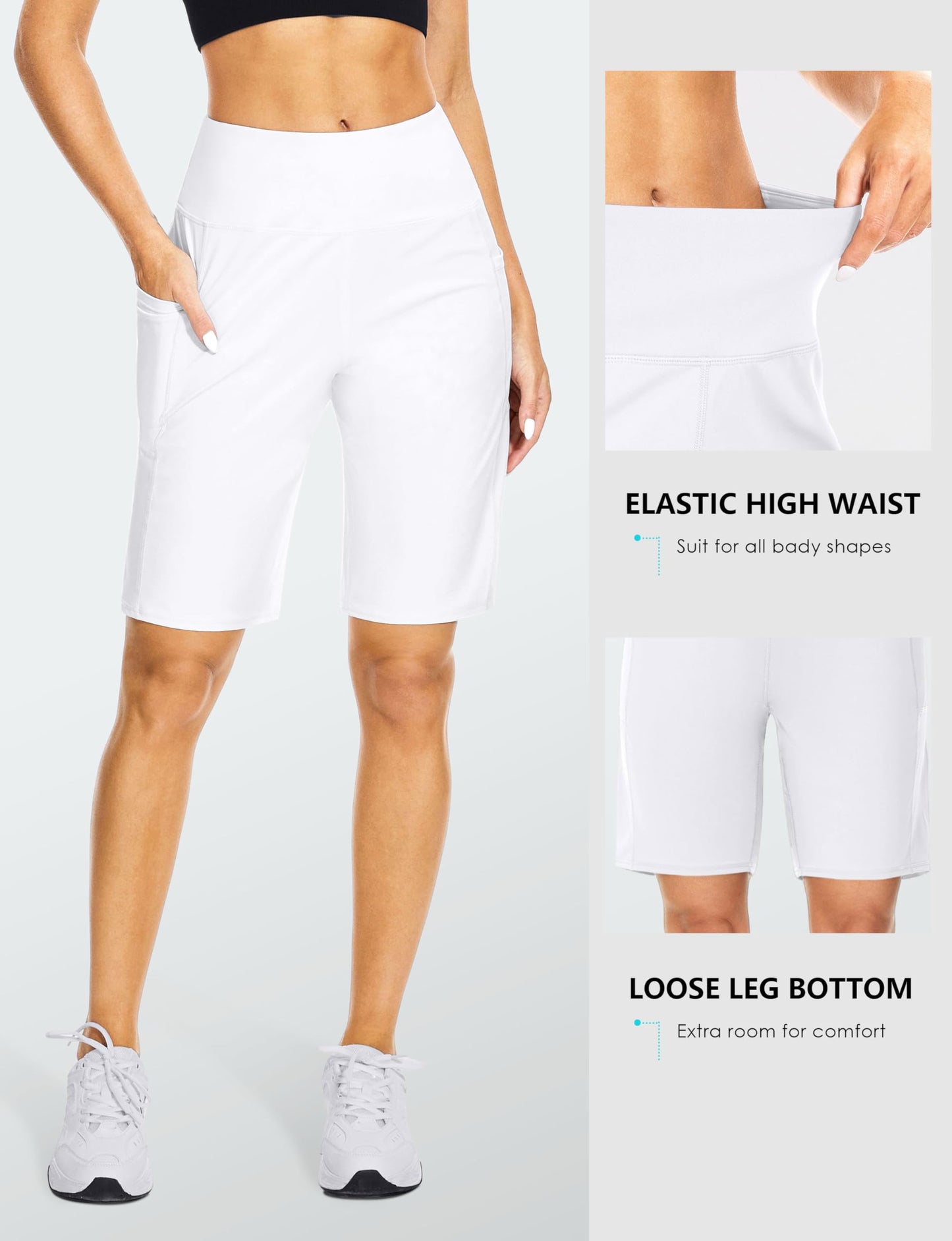 Blouty Women's 9" Bermuda Long Shorts with Pockets High Waisted Knee Length Shorts for Women Workout Athletic Casual (White, X-Large)