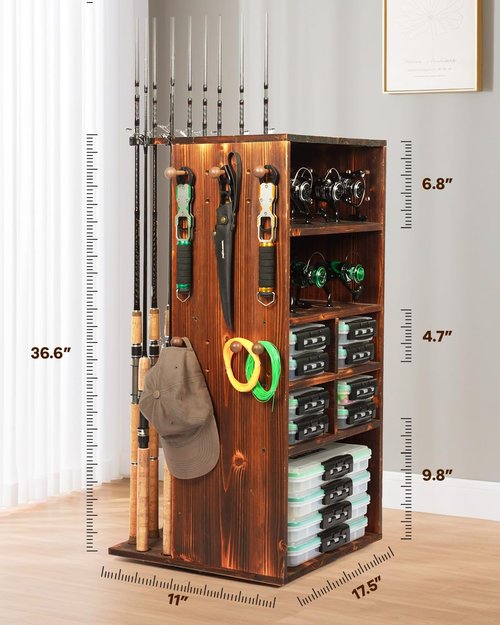 Ghosthorn Fishing Rod Holders for Garage Storage up to 10 Rods or Combos Fishing Pole Holders 360° Rotating Rod Rack Fishing Gear Equipment Tackle Organizer Wood Floor Stand for Men Women