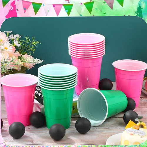 30 Pcs Cup Table Tennis Game Set 22 Plastic Party Cups 15 oz and 8 Black Balls Reusable Pink and Green Cups Ball Game for Drinks Picnics Birthday Halloween Christmas New Year Party Games Favors