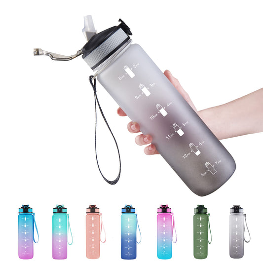 EYQ 32 oz Water Bottle with Time Marker, Carry Strap, Leak-Proof Tritan BPA-Free, Ensure You Drink Enough Water for Fitness, Gym, Camping, Outdoor Sports (3.Black/Gray Gradient)