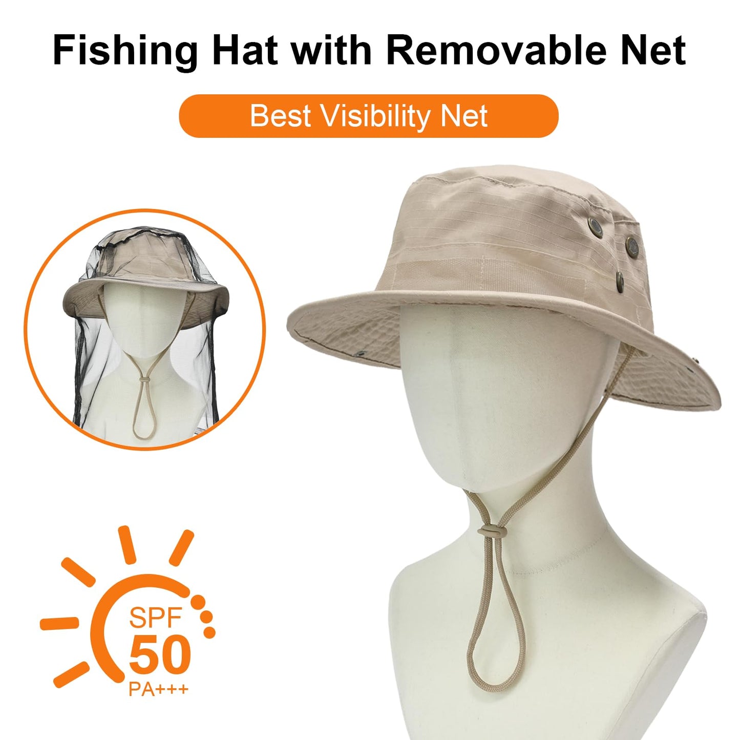 Sun Hats for Men Women Bucket Hat UPF 50+ Boonie Hat Foldable UV Protection Hiking Beach Fishing Summer Safari with Removable Head Net Mesh(1pack-Khaki)