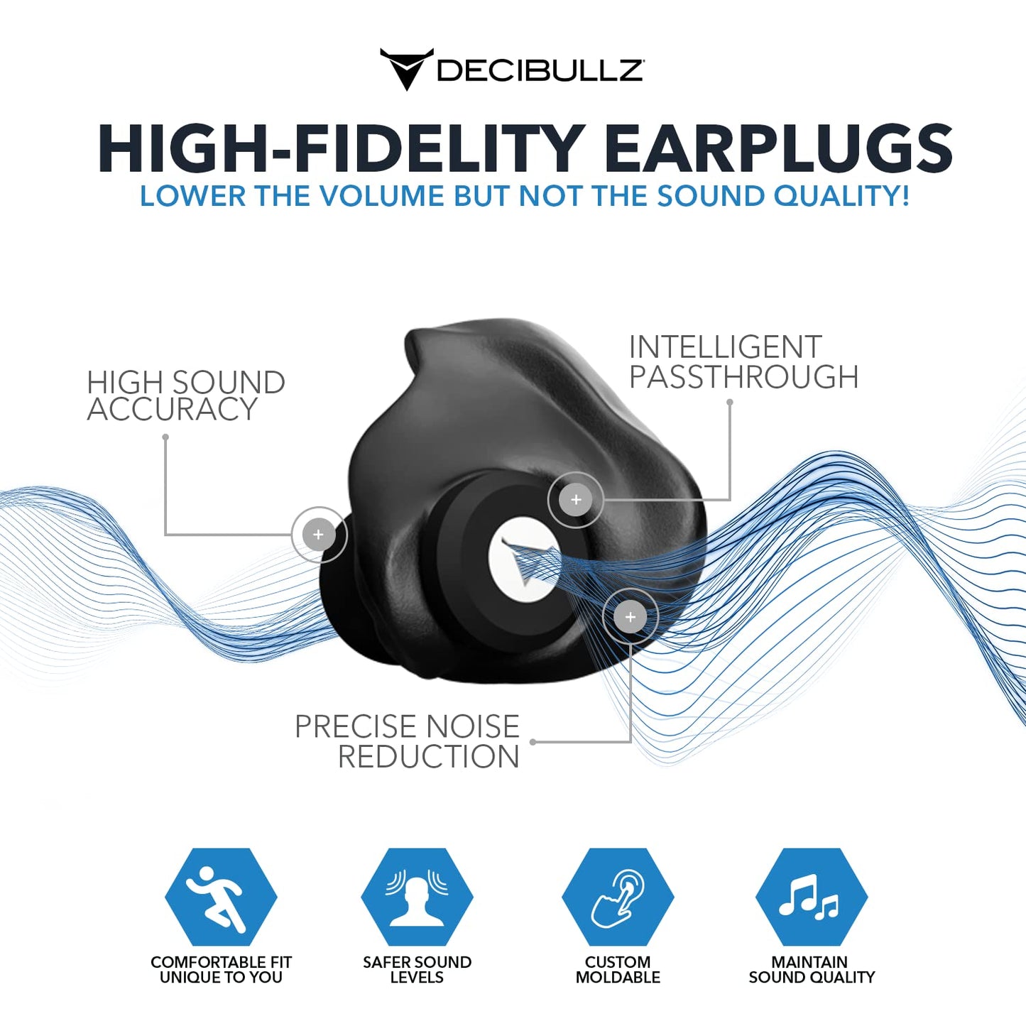 Decibullz Moldable Ear Plugs for Concerts, High Fidelity Hearing Protection for Noise Reduction & Sensitivity, Noise Cancelling Earplugs Perfect for Musicians, Recording Artists, Festivals