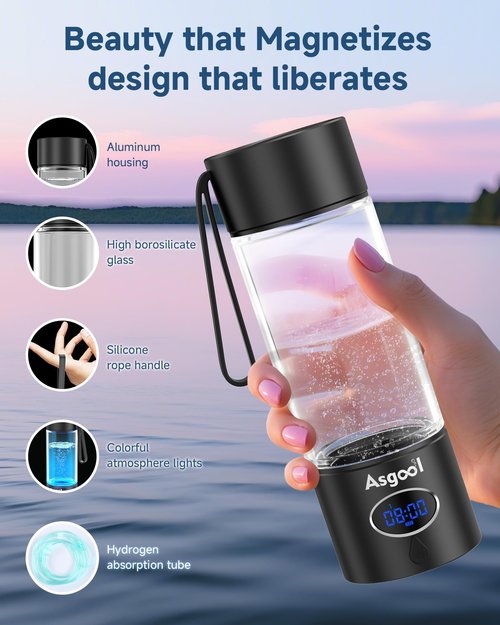 Asgool Hydrogen Water Bottle - Portable, Rechargeable, LED Timer, Aluminum and Glass, Self Cleaning, Cyclic Mode, 5000 PPB Hydrogen in 10 Minutes, for Sports, Home, Office, Outdoor (Black, 360ml)