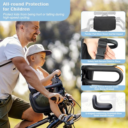MEGHNA Bike Child Seat Front Mounted for Adult Bike Comfortable Baby Bike Seat with Backrest Adjustable Height and Position Bicycle Child Seat with Foot Pedals for Baby Toddle (Black - Style 2)