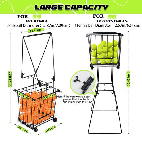 Portable Pickleball Tennis Ball Collector with Wheel, 90 Tennis Balls Capacity, Pickleball Retriever Basket Carrier Gatherer Picker Hopper Container