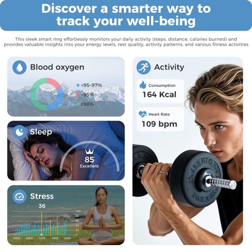 Smart Ring Fitness Tracker for Men Women - Ring with Touchscreen Display for Activity, Sleep & Heart Rate Tracking, Step Counter, Remote Phone Control, IP68 Water Resistant, 7-Day Battery Gold #09