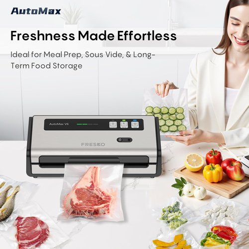 FRESKO Food Vacuum Sealer Machine with Automatic Bag Detection, Vacuum Sealer for Food with Built-in Cutter & Bags Storage, Double Heat Seal, 2 Rolls Bags, Silver-Black
