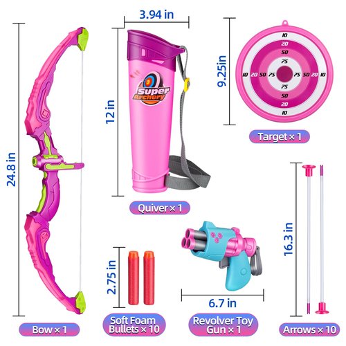 OWNONE 1 Kids Bow and Arrow Set for Girls with 10 Suction Cup Arrows, 2 in 1 Girls Archery Toy Set with LED Light - Birthday Gift Toy for Girls Ages 4 5 6 7 8 9 10+ Years Old