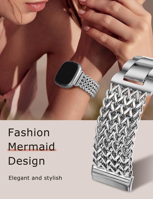 Minyee Metal Bands Compatible with Fitbit Versa 4/Sense 2/Versa 3/Sense Bands Women, Dressy Stainless Steel Silver Multi-chain Designer Starlight Link Bracelet Wristband Replacement Strap for Versa 3