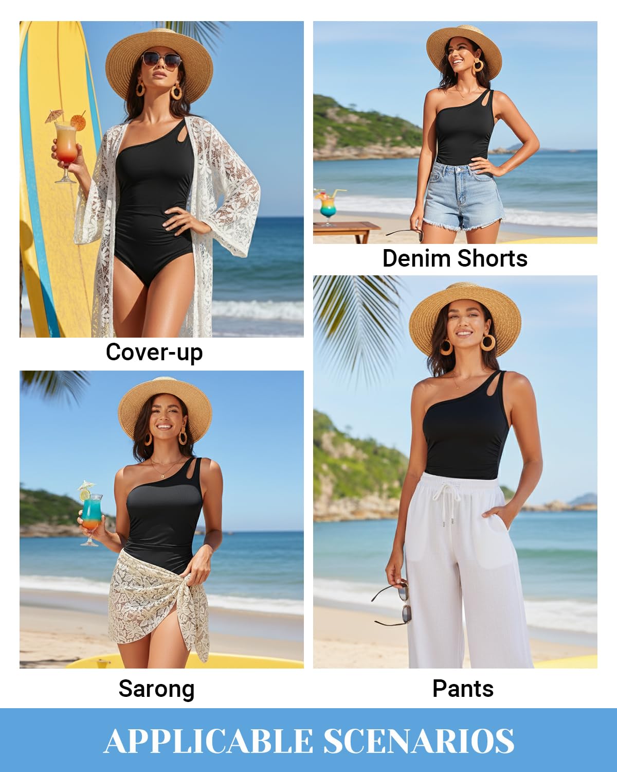 Holipick One Shoulder One Piece Swimsuit for Women Tummy Control Bathing Suits Modest Full Coverage Keyhole Swimwear Black