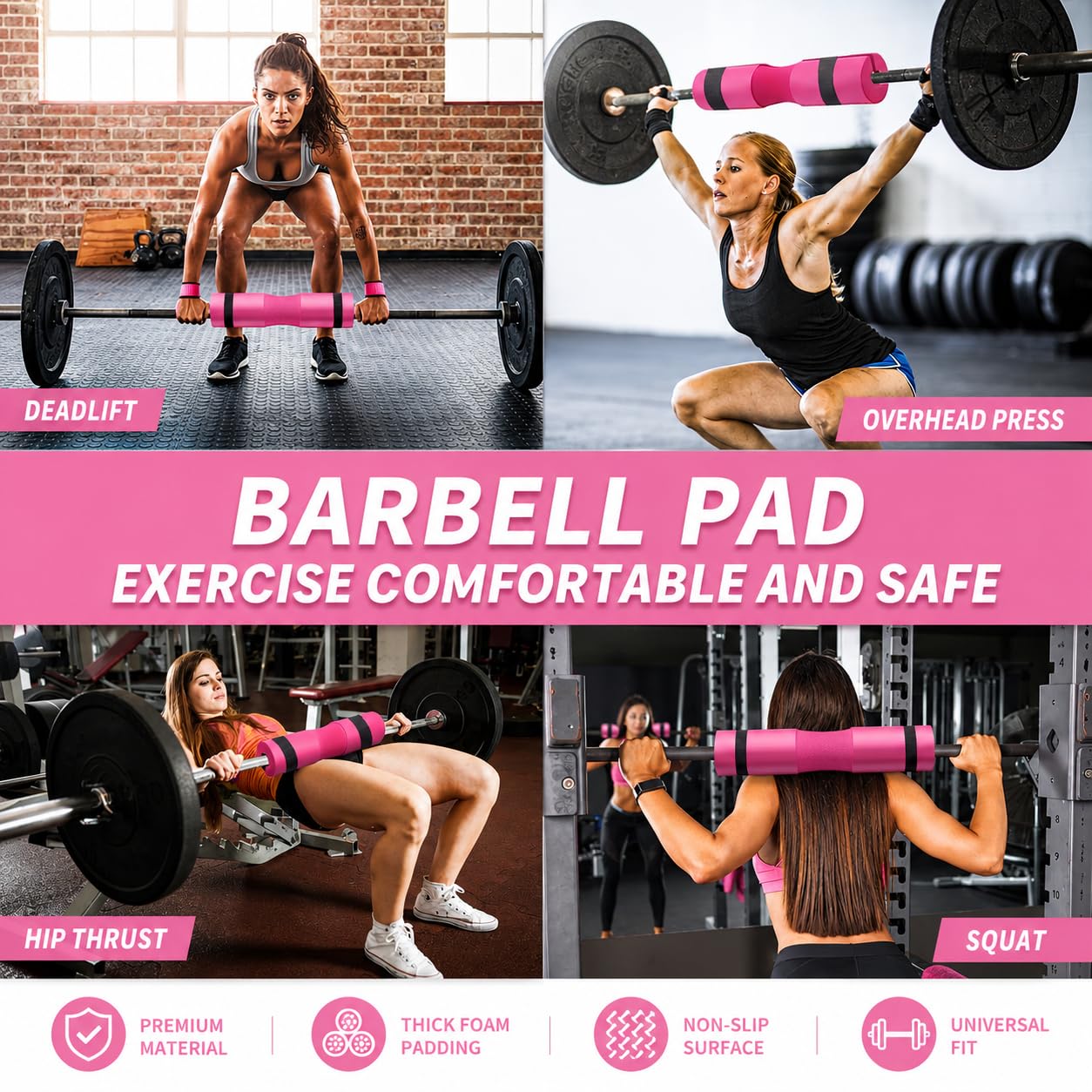 Barbell Pad Set, 10 Pcs Barbell Squat Pad for Hip Thrusts, Lunges, Leg Day with 2 Gym Ankle Straps, 3 Hip Resistance Bands, 2 Lifting Strap, Barbell Pad and Carry Bag