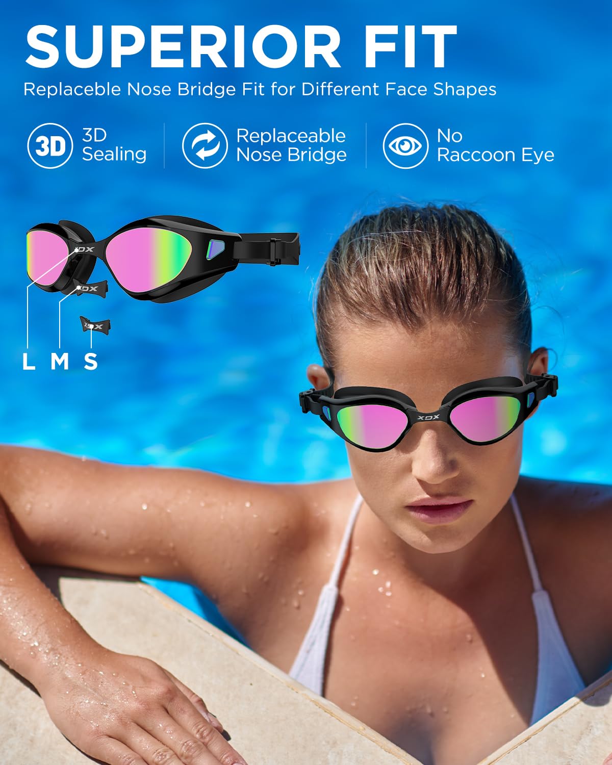 XDX Swim Goggles, Anti-Fog Pool Goggles with Detachable Lenses UV Protection Swimming Goggles for Youth Men Women,Bright Rose