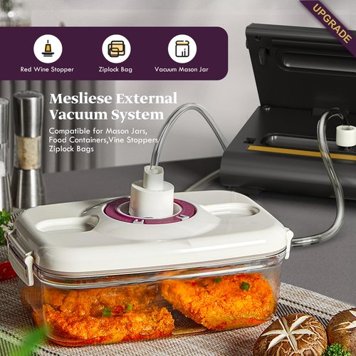 Mesliese Vacuum Sealer Machine 90Kpa 6-in-1 Compact Food Vacuum Sealing Preservation System with Cutter | 2 Bag Rolls | 5 Pre-cut Bags | Dry&Moist Modes | ETL Listed (Gray)