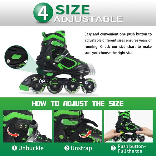 MammyGol Adjustable Inline Skates for Boys Girls Kids Youth with Light up Wheels, Green Beginner Blades Roller Skates for Boys Size 1 2 3 4 Ages 6-12