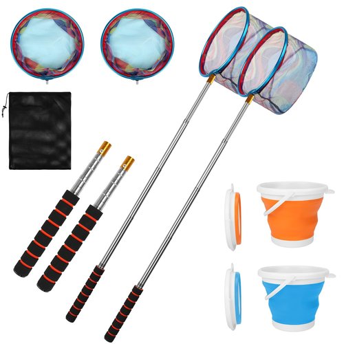 Kids Fishing Net, 2 Pack Thickened Telescopic Fishing Landing Net with Aluminum Pole Handle for Kids, Collapsible Bucket Kids Sand Pail, Fishing Net Butterfly Nets for Kids, Outdoor Playing, Blue