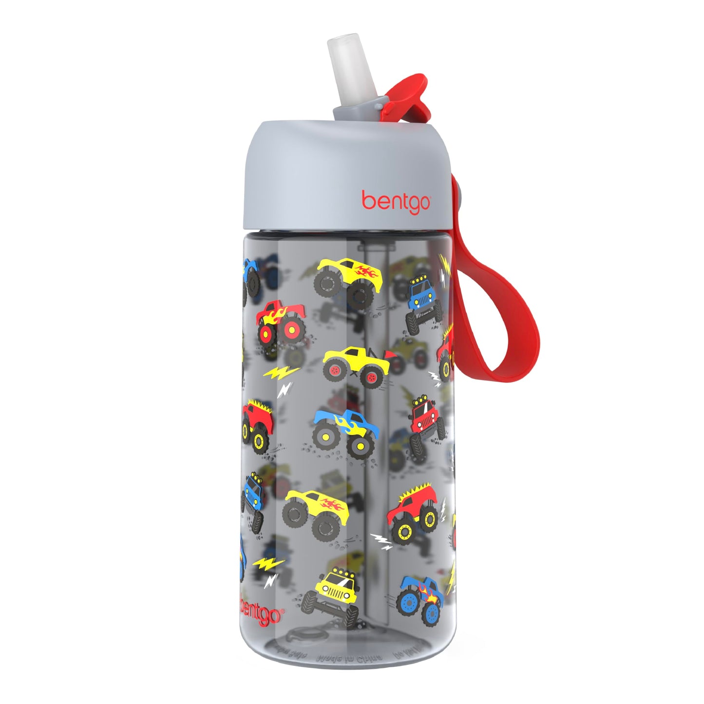 Bentgo Kids Water Bottle - Leak-Proof, Durable Tritan PFAS- & BPA-Free 15 fl oz, Kids/Toddlers Ages 3+ for School & Sports; Bite & Sip Spout, Carrying Handle, Dishwasher Safe (Trucks)