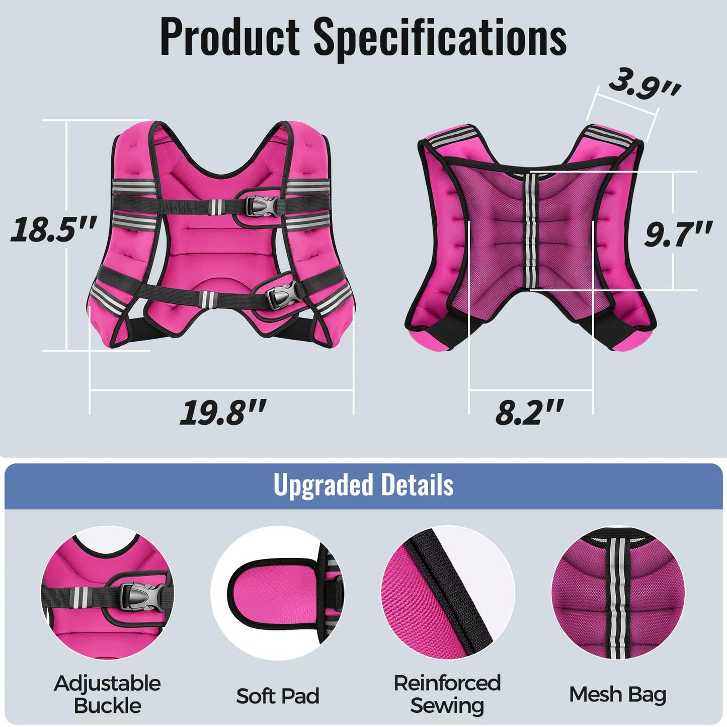 Zeerun Weighted Vest, 6lb/8lb/10lb/12lb/15lb/18lb/20lb/24lb/30lb for Men Women, Reflective Stripe Adjustable Buckle, Comfortable Durable Rucking Vest for Walking Running Strength Training, 30LBS-Pink