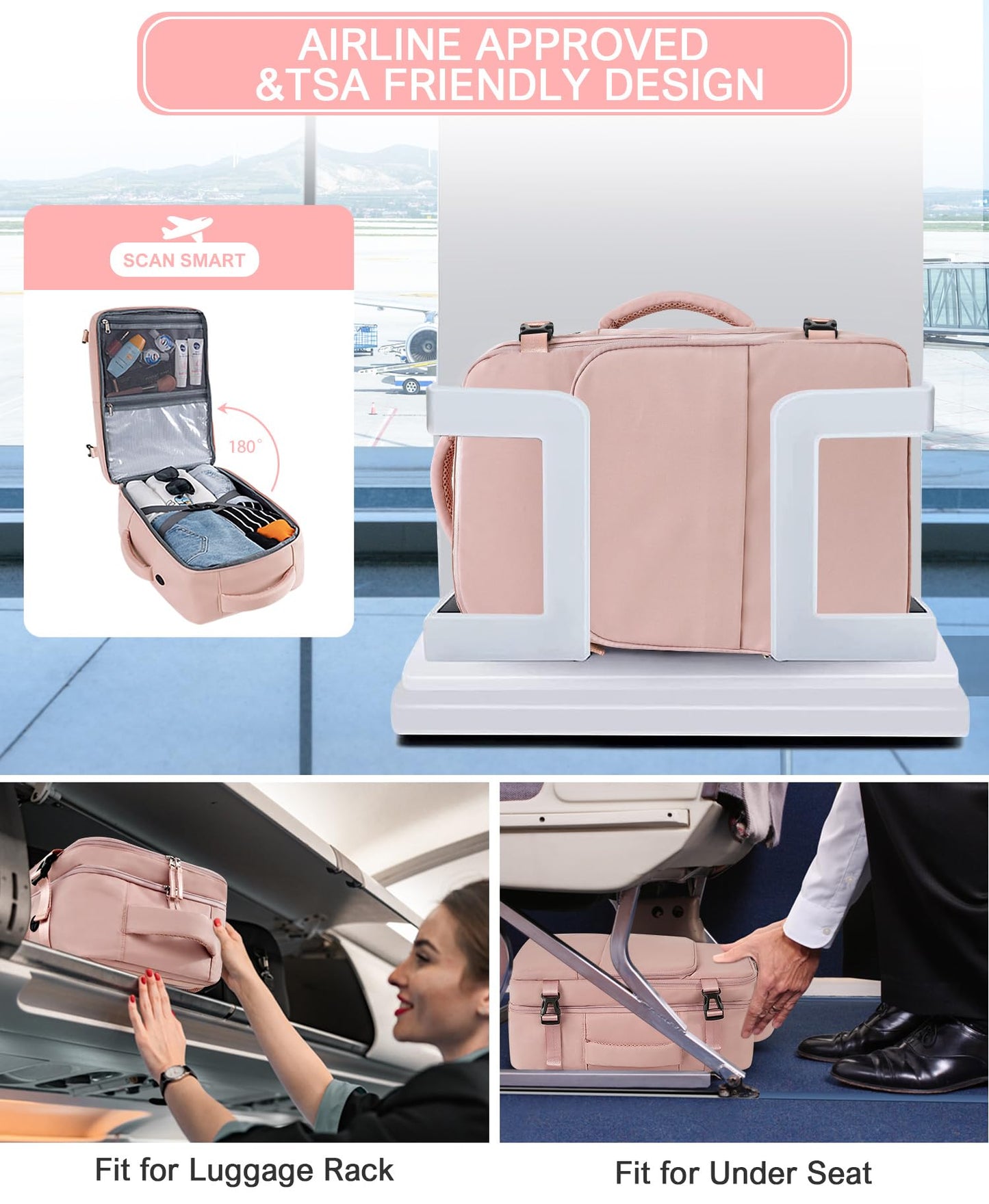 Beraliy Travel Backpack for Women Airline Approved Carry On Backpack, 16 Inch Business Work Backpack with Laptop Compartment, Airplane Personal Item Travel Bags for Trip, Underseat Weekend Bag, Pink