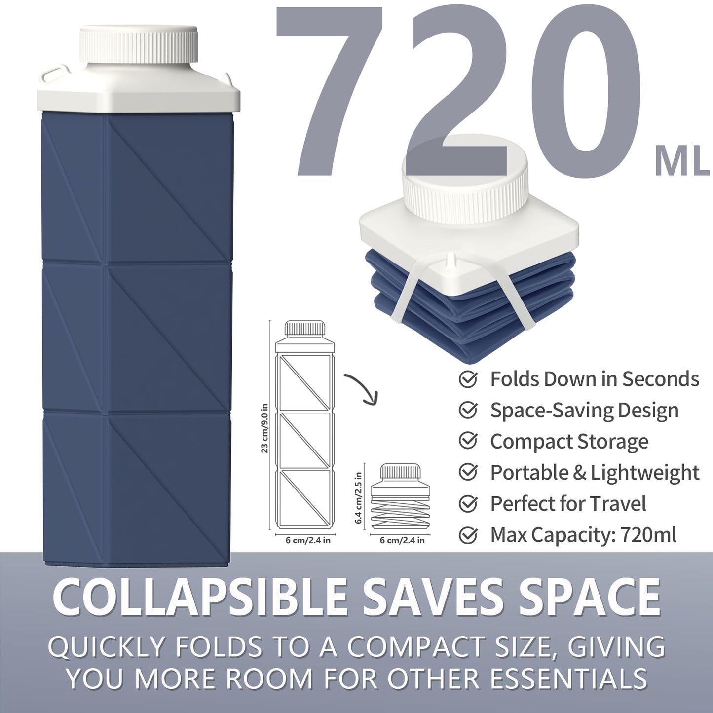 BEAUTAIL Collapsible Water Bottles 24.3oz (720ml), Foldable Travel Water Bottle, Portable & Lightweight, Leakproof & Reusable for Traveling Camping Hiking Sports Outdoor School Office, 1 Pack, DKBL