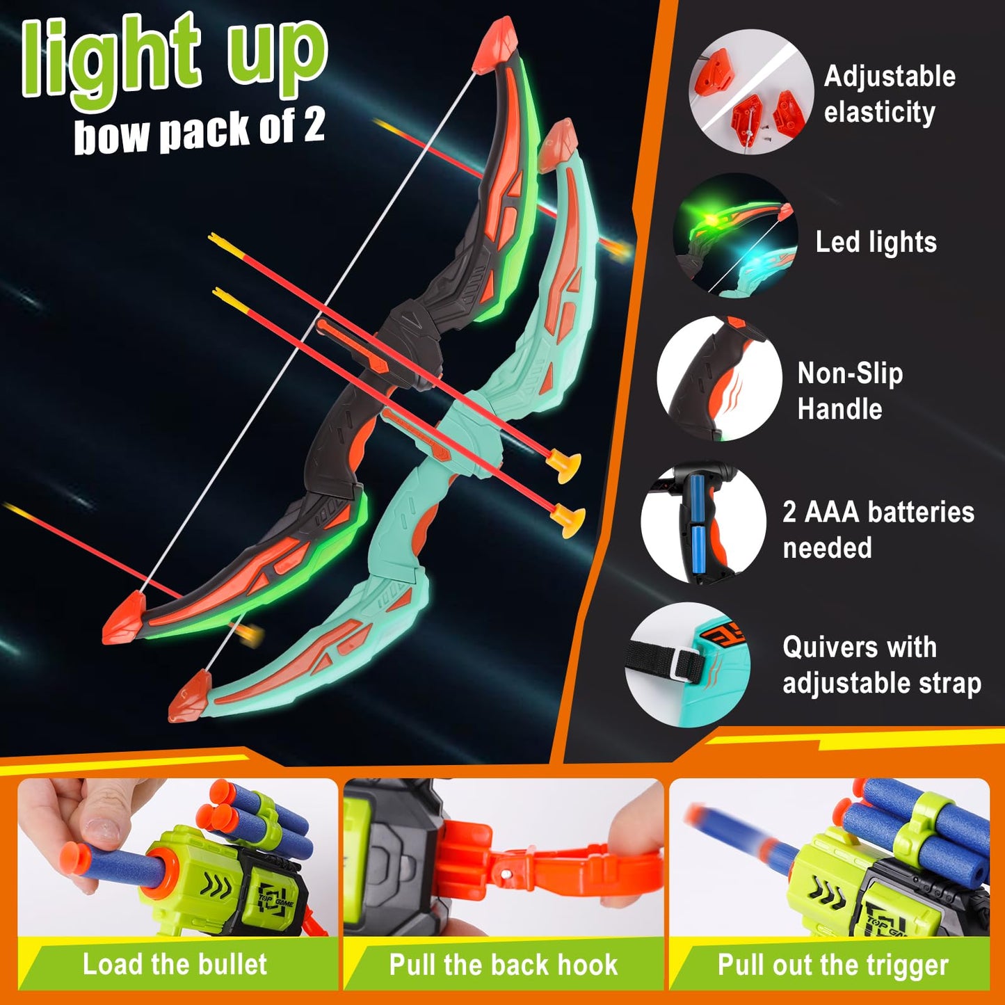 TWFRIC 2 Pack Bow and Arrow for Kids - LED Light Up Archery Set with 16 Arrows, 1 Standing Target & 2 Quivers - Fun Indoor/Outdoor Toy for Boys & Girls Aged 3-12