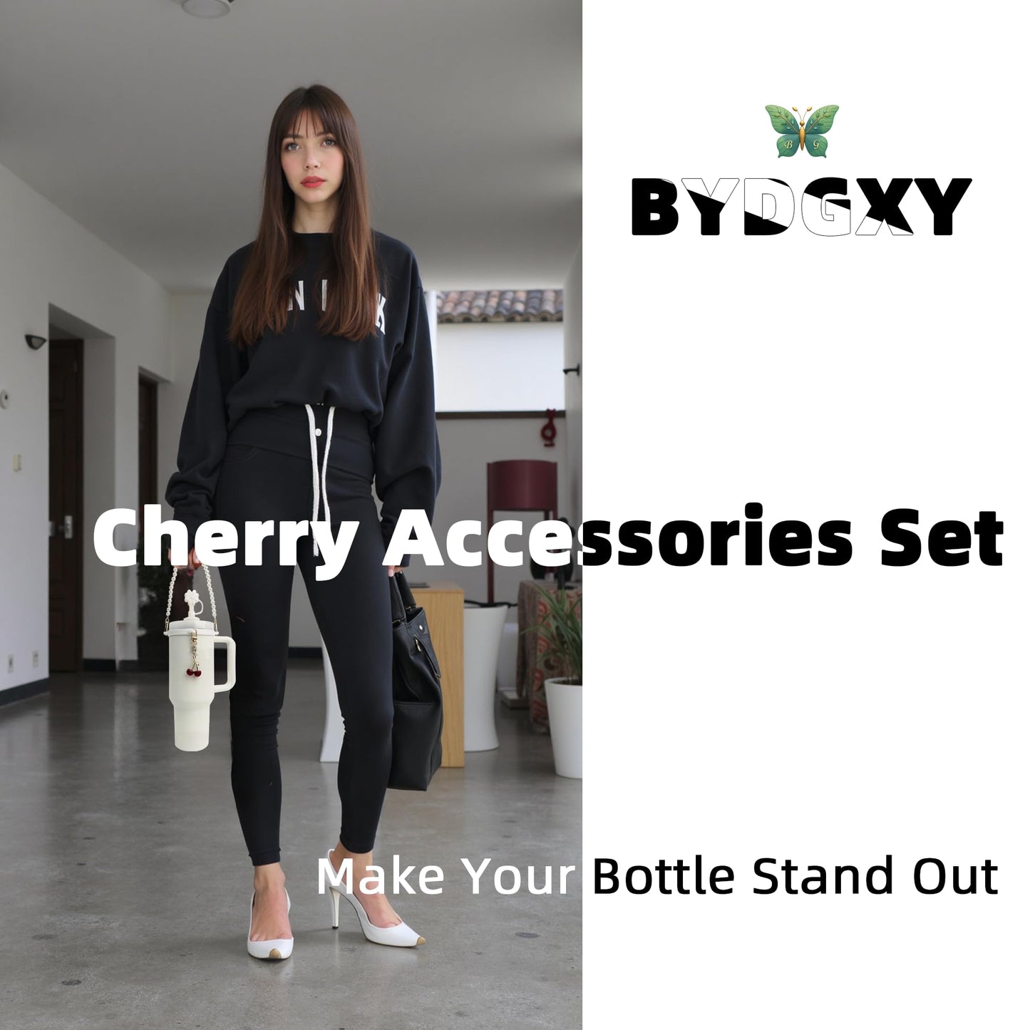BydGxy Stanley Cup Accessories Set for Stanley 30 oz 40 oz 20 oz mini Tumbler, Includes Straw Cover, Water Bottle Handle Strap, and Cherry Charm, Compatible with Pink & Purple Stanley Cup (White)