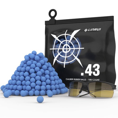 LinRui 100ct .43 Cal Paintball, New Reusable Training Soft Rubber Balls for Paintball Guns .43 Caliber Self Defense Balls Ammo, .43 Rubber Balls Ammo for T4E PPQ/ TPM1/Glock17, with Goggle (Blue)